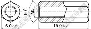 PCHSS5-15N (6.0) стойка шестигранная; с внутренней резьбой М5x0,8; SW=6,0мм; L=15,0мм; латунь никелированная