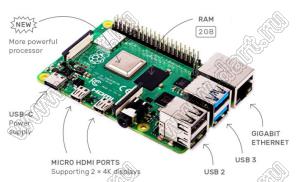 Raspberry Pi 4B 2GB плата микрокомпьютера; оперативная память 2 GB LPDDR4 SDRAM