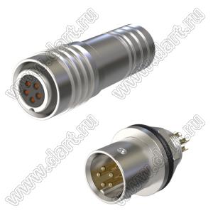 XS6-5PW/YC разъем промышленный металлический (комплект: вилка на прибор+розетка на кабель); d отв.=6мм; DC30V 0.2A; 5-конт.; никелирование
