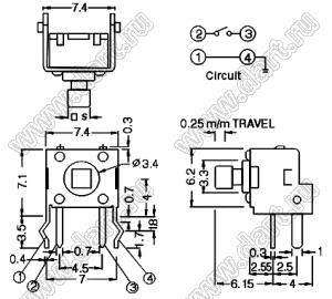 TC-024V (IT 0773) кнопка тактовая угловая; 6x6x6мм; толкатель 2,4х2,4мм