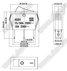 KCD3-JK-102O11RB (KCD3-102) переключатель клавишный ON-ON; 30,5х13,5мм; 10A 250VAC/15A 125VAC; толкатель красный/корпус черный; без подсветки;  маркировка "O I"; терминалы 6,3x0,8мм