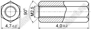PCHSS2.5-04 (4.7) стойка шестигранная; с внутренней резьбой М2,5x0,45; SW=4,7мм; L=4,0мм; латунь