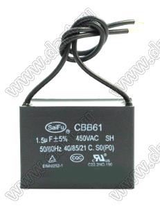 CBB61-450V1.5uF конденсатор пусковой металлизированный пленочный полипропиленовый; 1,5мкФ; 450VAC; 36x22x11